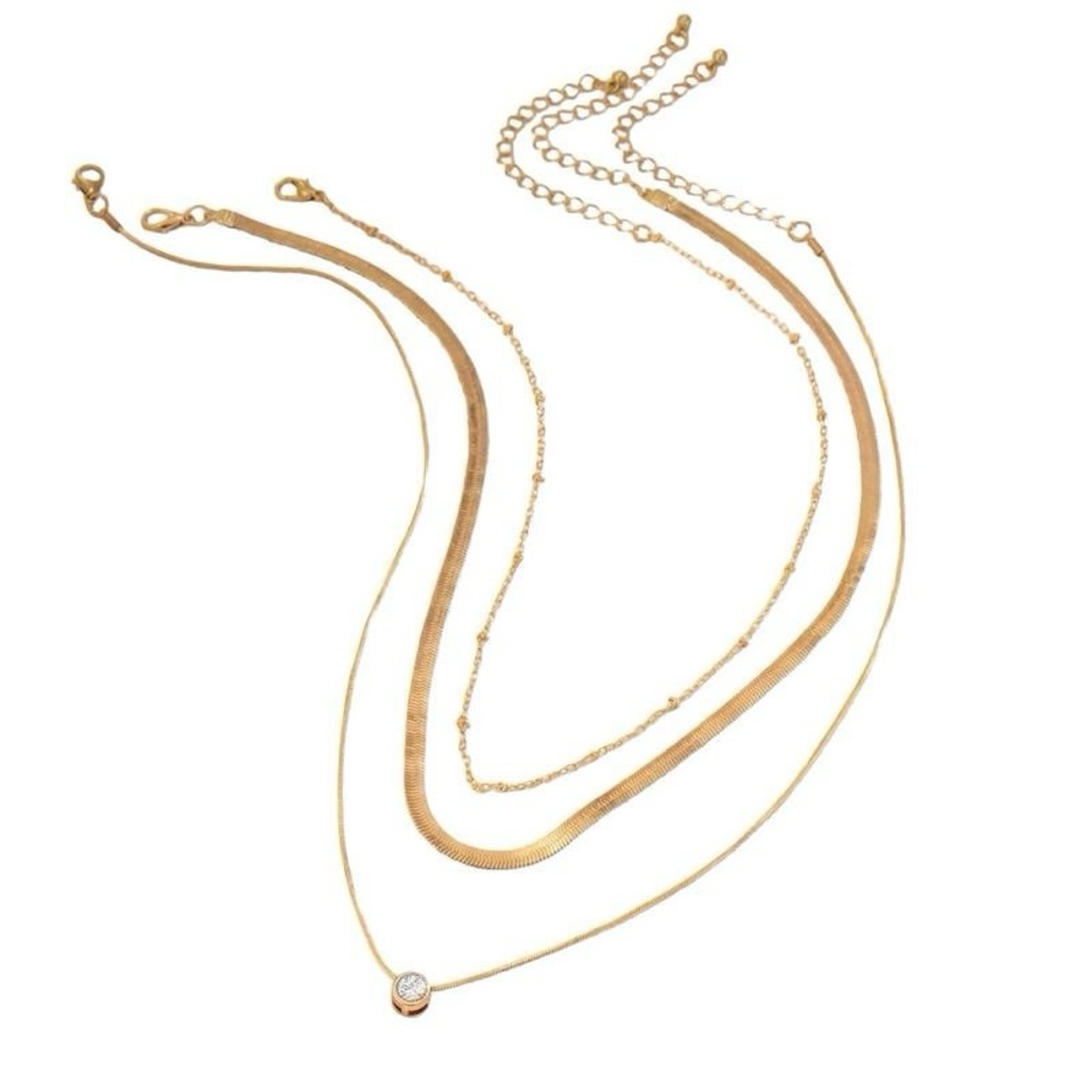 3 Layer Necklace Round Gold Diamond Pendant Dainty Choker Chain Layered Set - Picture 3 of 5